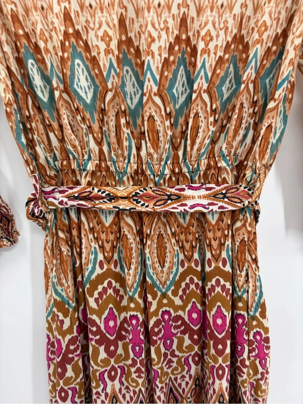 Ruby Yaya Boho Ikat Print Midi Shirt Dress Pink Orange Tiered Belted Festival xs